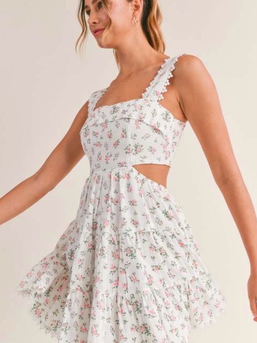 White Floral Cutout Mini Dress with Pink & Green Print